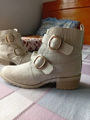 Anne Klein Nyla Double Buckle Beige Boots