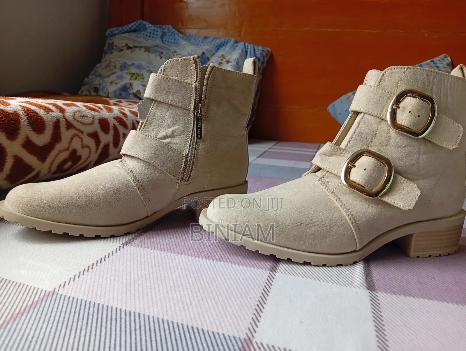 Anne Klein Nyla Double Buckle Beige Boots