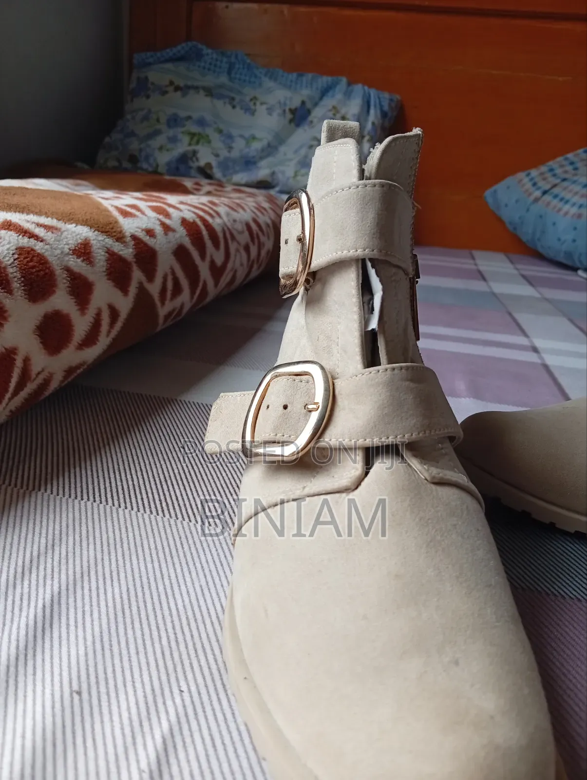 Anne Klein Nyla Double Buckle Beige Boots