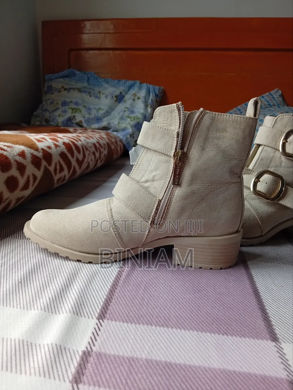 Anne Klein Nyla Double Buckle Beige Boots