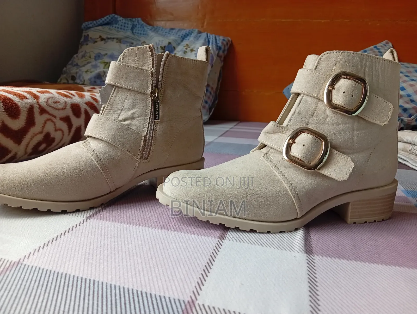 Anne Klein Nyla Double Buckle Beige Boots