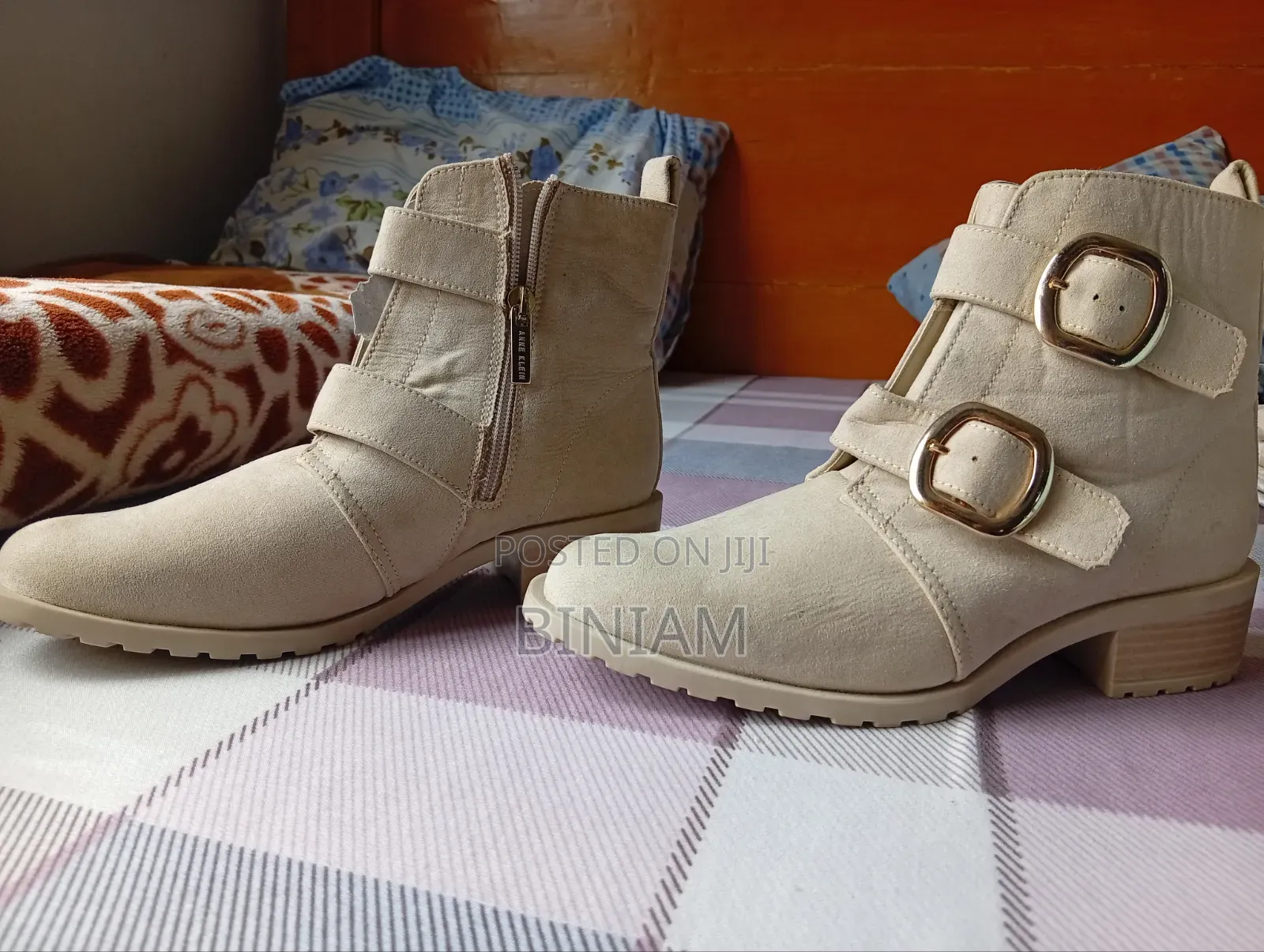 Anne Klein Nyla Double Buckle Beige Boots