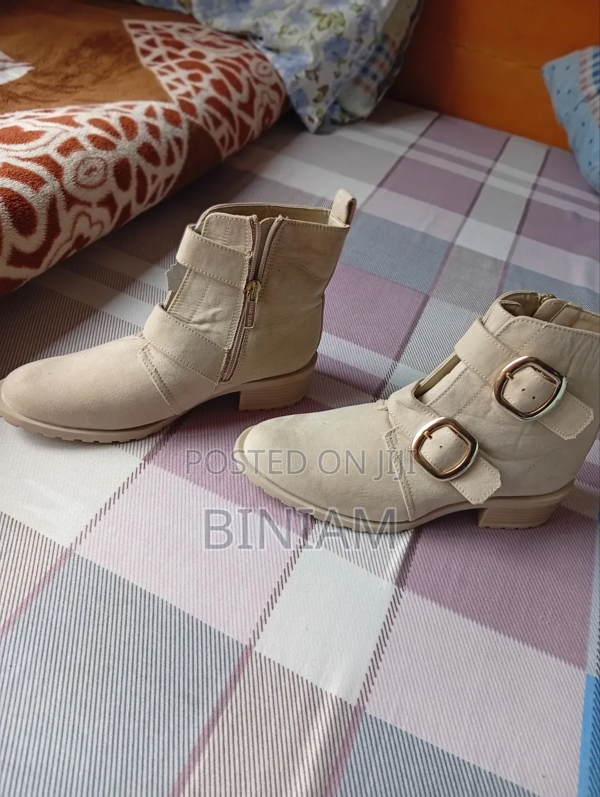 Anne Klein Nyla Double Buckle Beige Boots