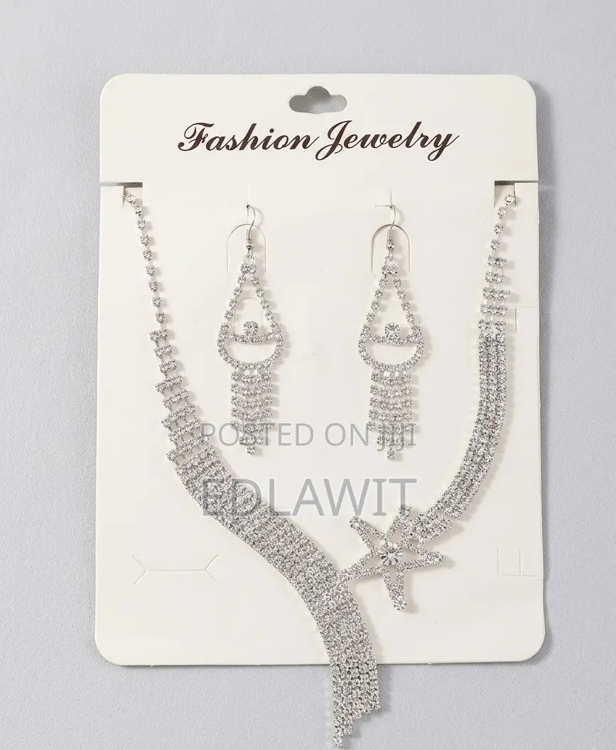 Silver Rhinestone Statement Necklace and Matching Drop Earrings Set