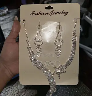 Silver Rhinestone Statement Necklace and Matching Drop Earrings Set
