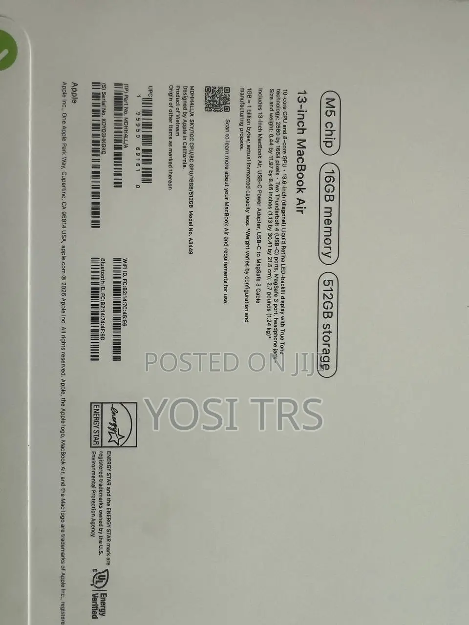 New Laptop Apple MacBook Air 2026 M5 16GB Apple M5 HDD 512GB