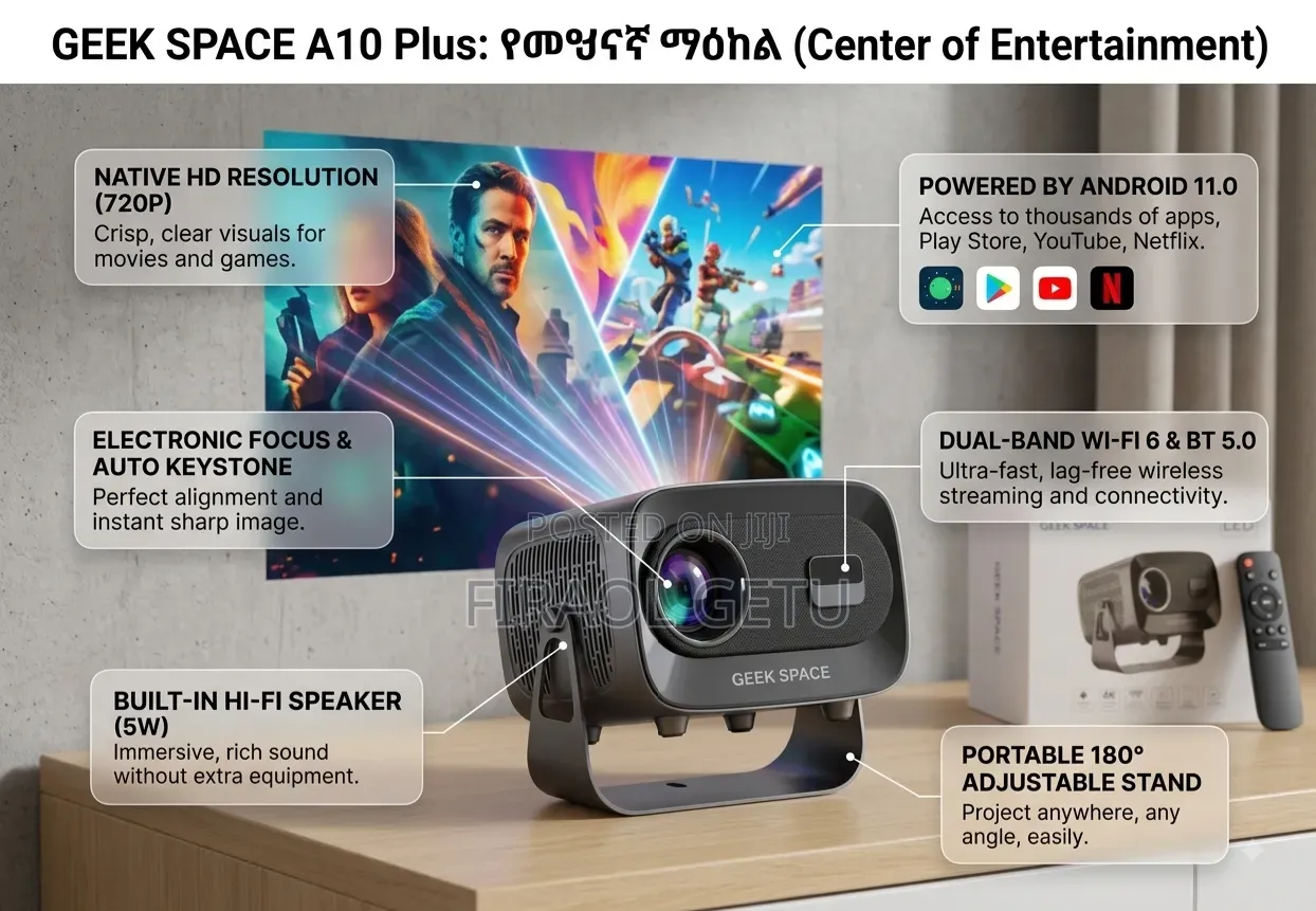  Geek Space A10 Plus - ዘመናዊና ተንቀሳቃሽ ፕሮጀክተር (Smart LED Projector)