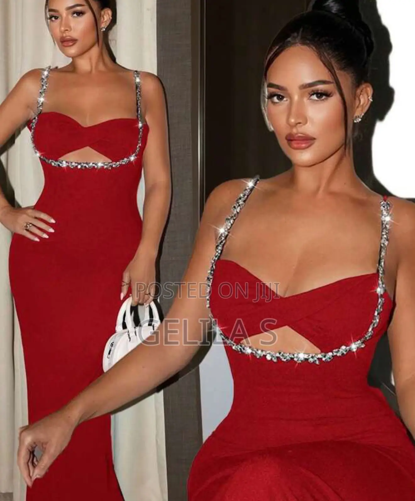 Women's Elegant Rhinestone Spaghetti Strap ,Occasional, Red Dress