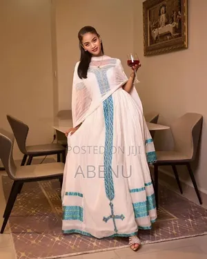 Elegant White Turquoise Ethiopian Habesha Kemis