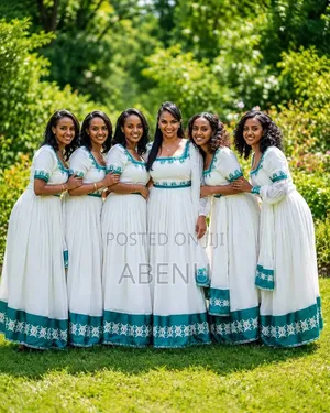 Elegant White Turquoise Ethiopian Habesha Kemis