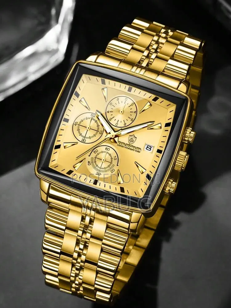 BINBOND Square Watch for Men Gold Chronograph Original