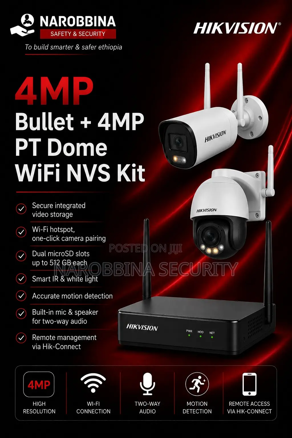 Hikvision 4MP Bullet + 4MP PT Dome WiFi NVS Kit,