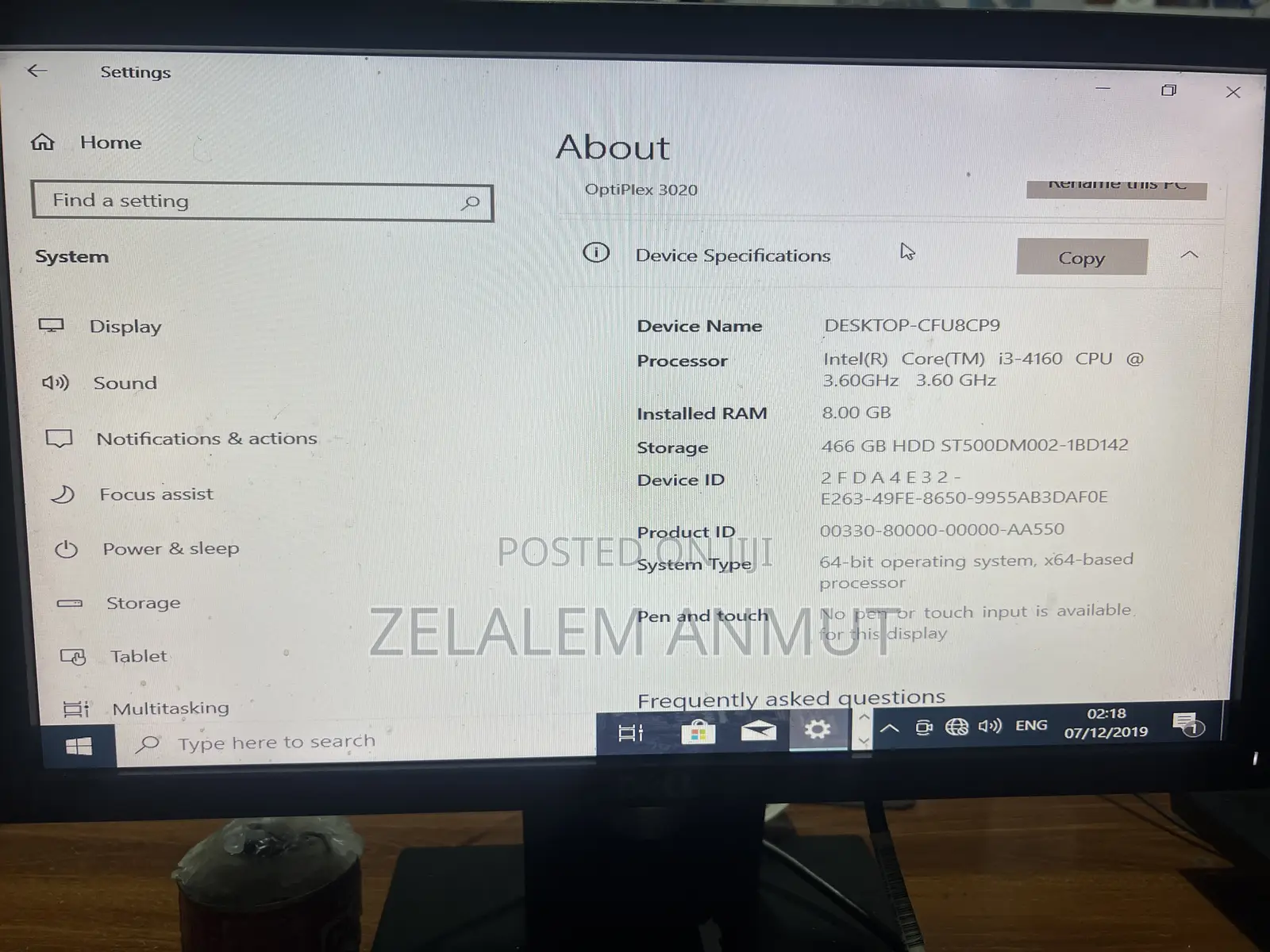 Desktop Computer Dell OptiPlex 3020 4GB Intel Core 3 HDD 500GB