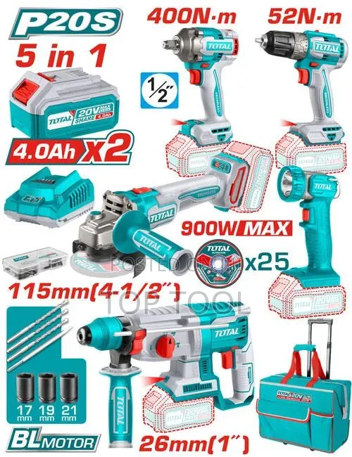 TOTAL 5 PCS Cordless Industrial Combo Kit (Model TCKLI20592 / TCKLI205