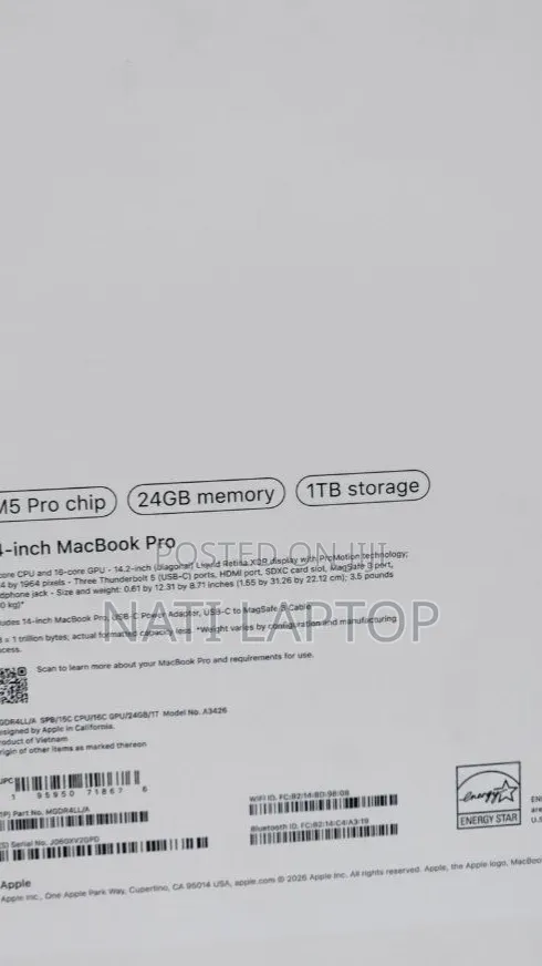 New Laptop Apple MacBook Pro 2025 M5 24GB Apple M5 Pro SSD 1T