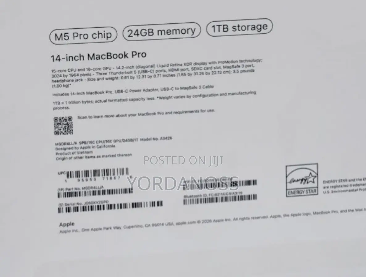 New Laptop Apple MacBook Pro 2025 M5 24GB Apple M5 SSD 1T