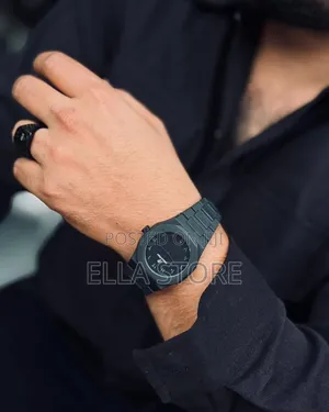 Black AP-style Analog Luxury Watch, Metal Bracelet, Black Coated Case
