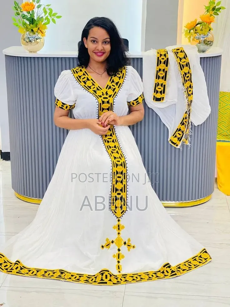 Elegant White Gold Ethiopian Habesha Kemis