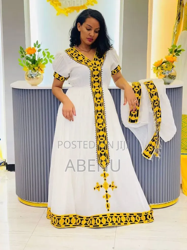 Elegant White Gold Ethiopian Habesha Kemis