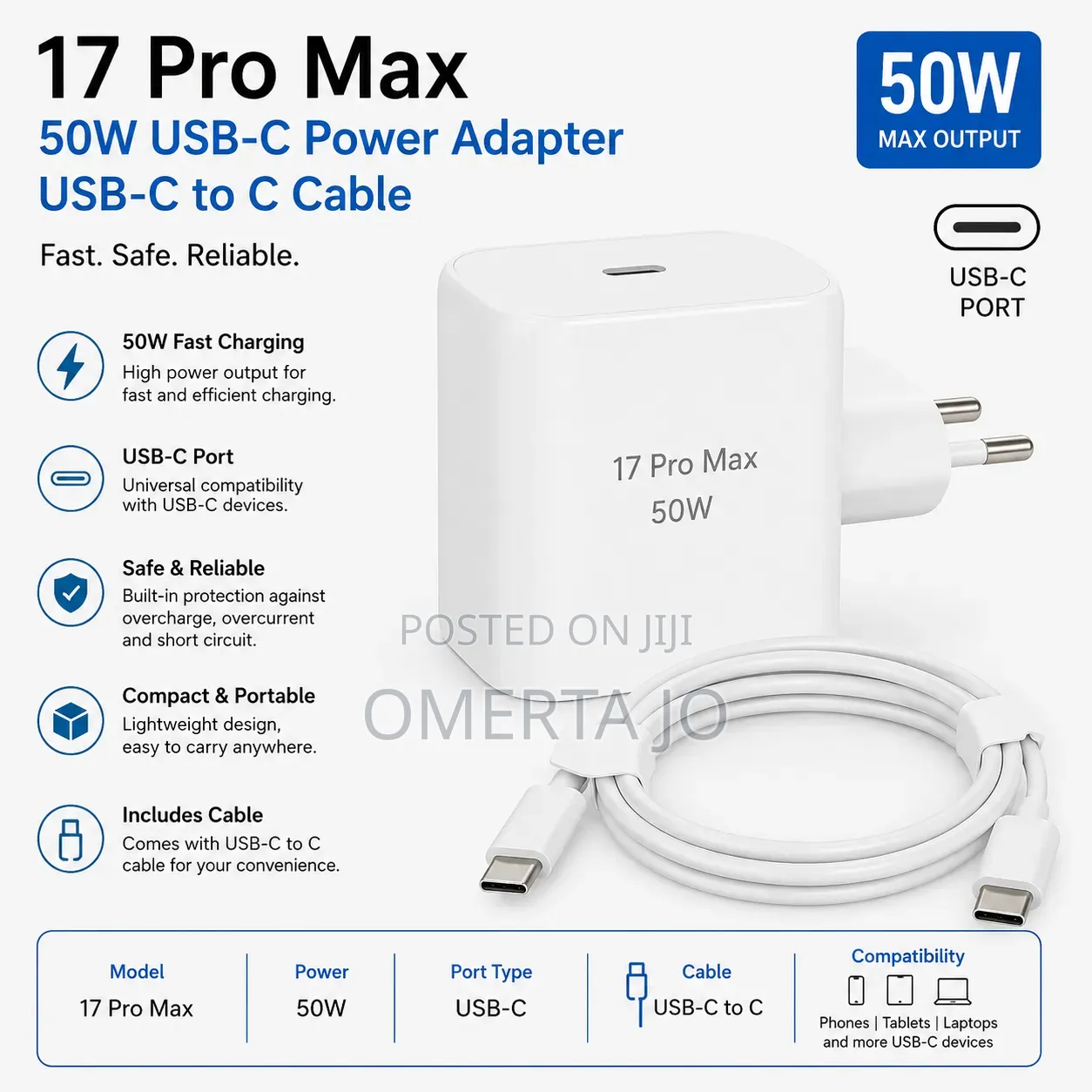 17 Pro Max 50W Fast Charger USB-C Power Adapter + Type-C Cable