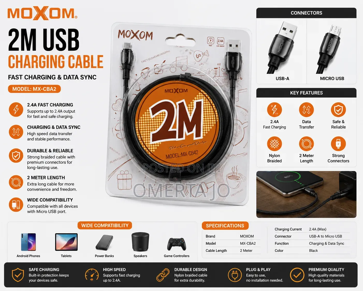 Moxom 2m USB Charging Cable – Mx-Cba2 – 2.4a