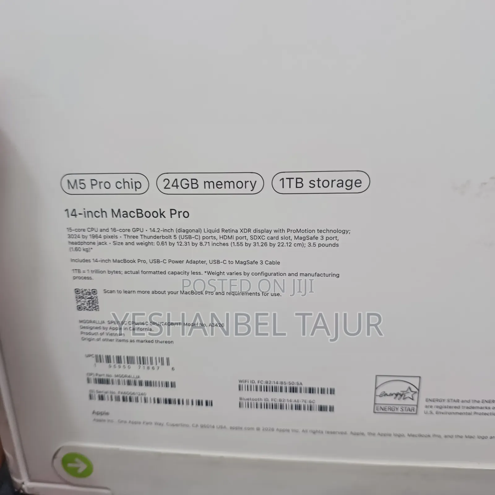 New Laptop Apple MacBook Pro 2026 M5 Pro 24GB Apple M5 Pro SSD 1T