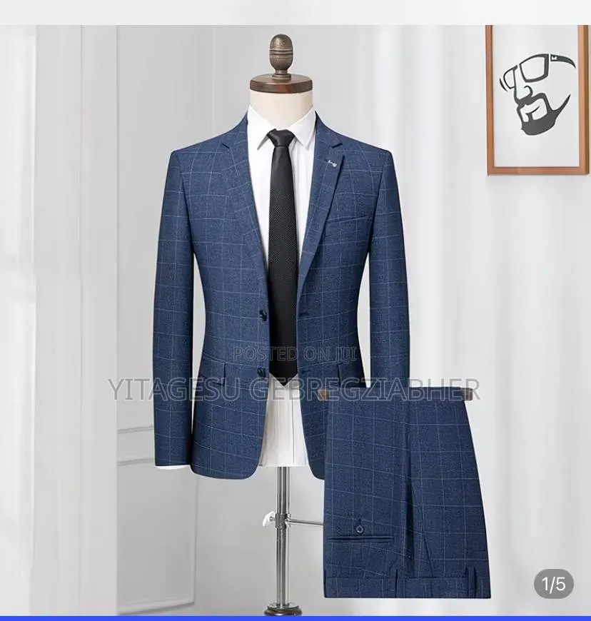 Men’s Navy Blue Checked 2-Piece Formal Suit