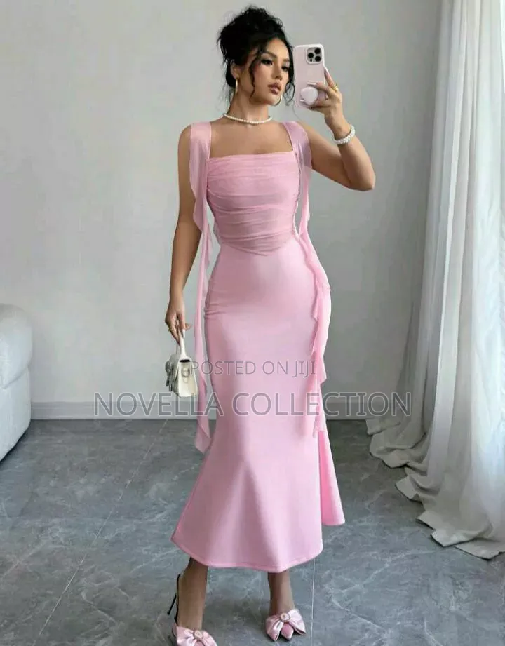 Elegant Pink Ribbon Fitted Slim Fishtail Contrast Mesh Panel Dress