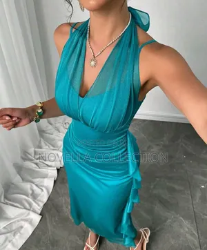 Women's Halter Neck Ruched Waist Ruffled Hem Solid Color Slip Dress