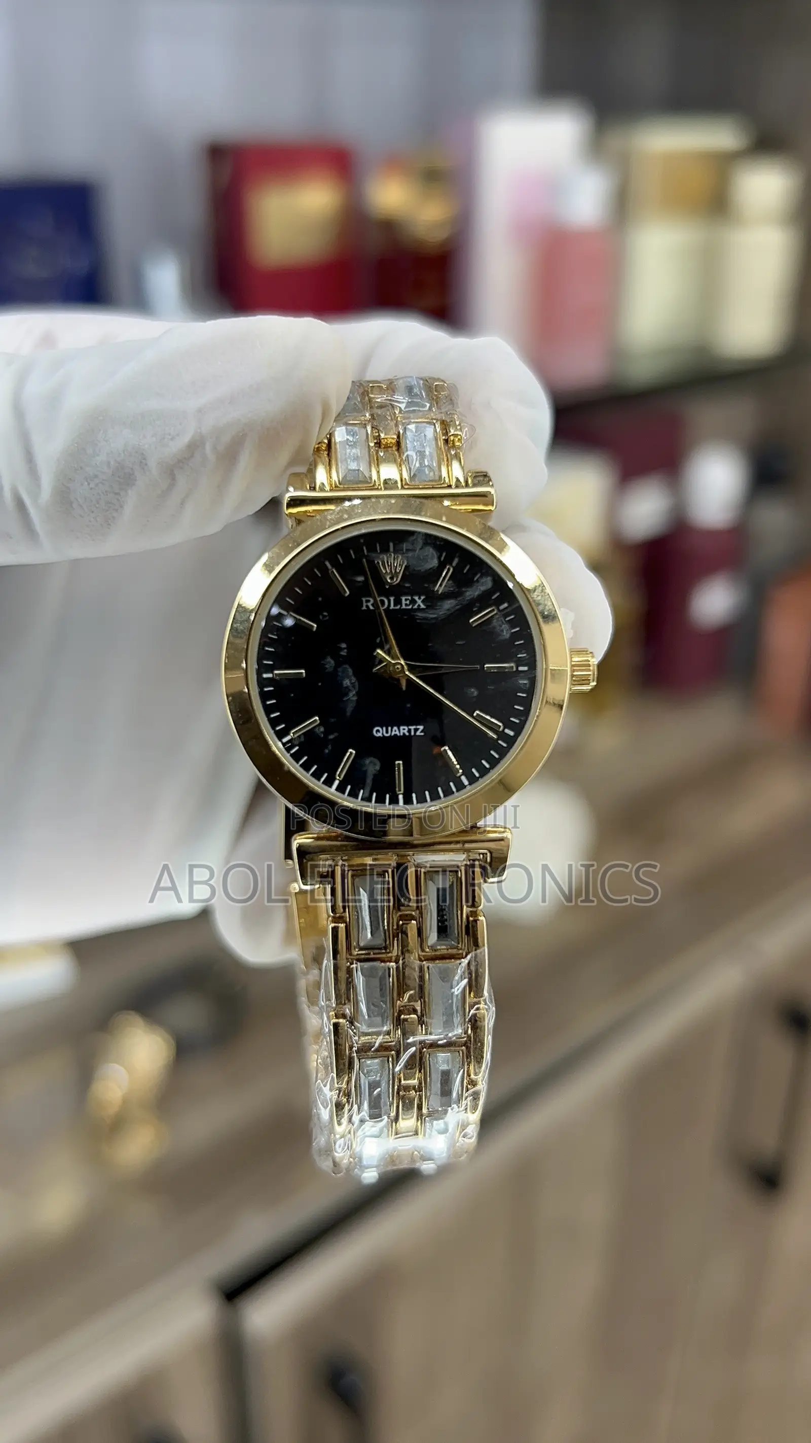Rolex Gold Women's Quartz Watch - Black Dial Crystal Link Bracelet