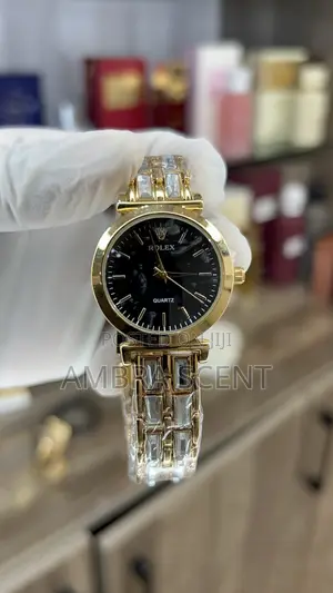 Rolex Gold Women's Quartz Watch - Black Dial Crystal Link Bracelet
