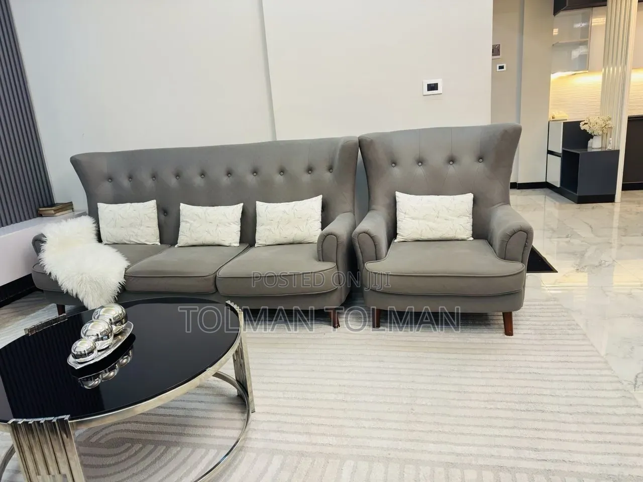 Modern Grey Wingback Sofa Armchair Set