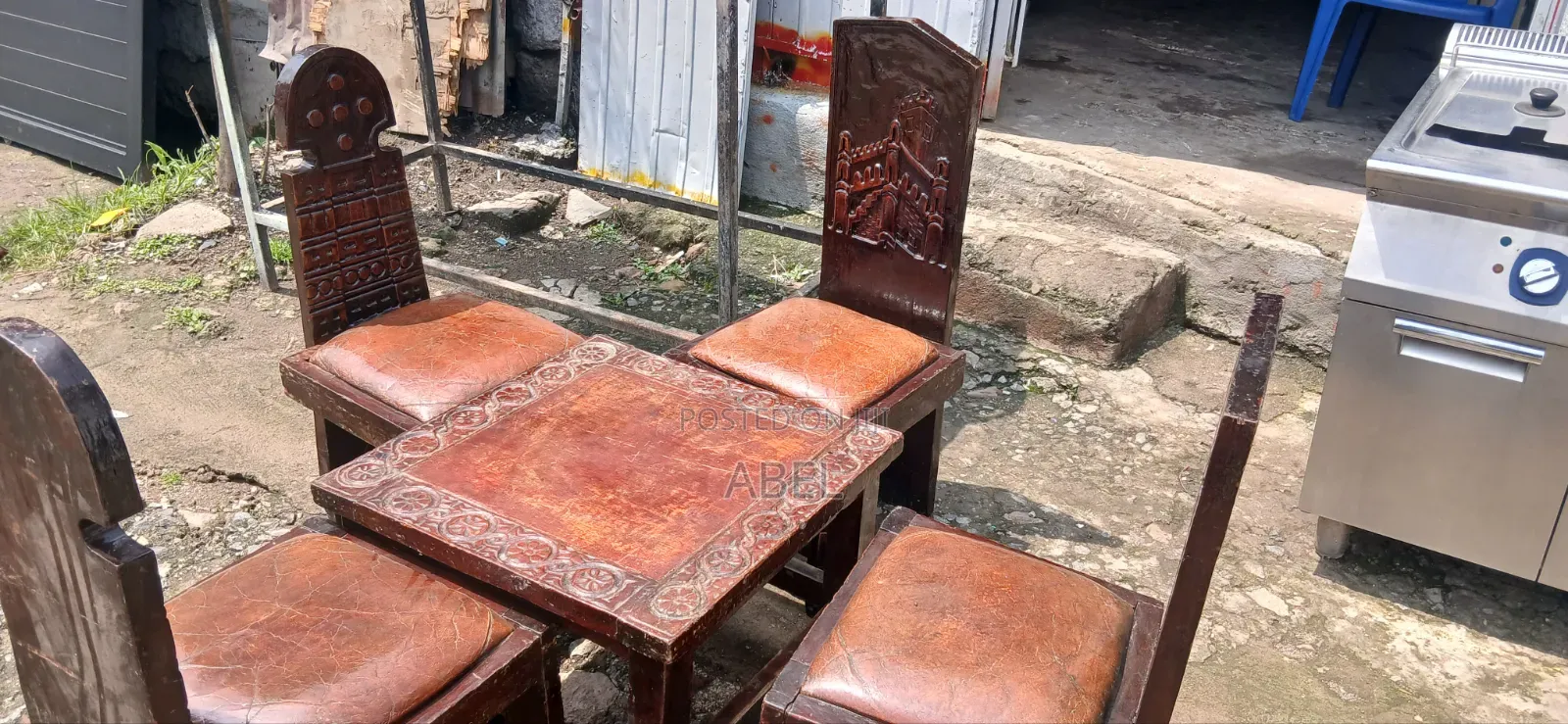 Hand-Carved Traditional Ethiopian Wooden Coffee Table Chairs Set