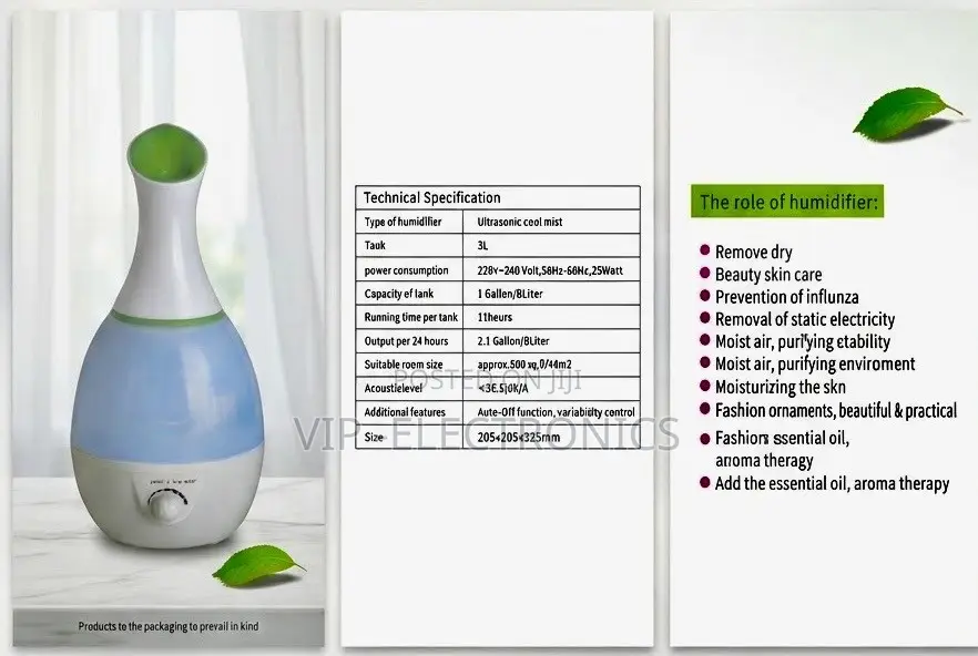 Humidifier – Water Tank: 3L /1 Gallon ~ Power: 25W 11 Hours Per Tank