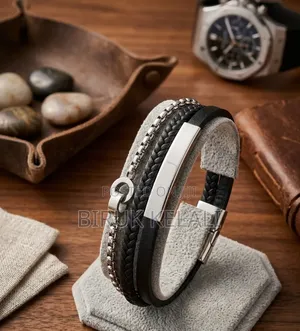 Multi-Strand Men's Black Leather and Silver-Tone Stainless Steel