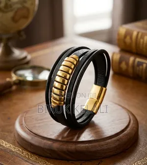 Multi-Strand Men's Black Leather and Silver-Tone Stainless Steel