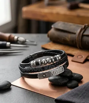 Multi-Strand Men's Black Leather and Silver-Tone Stainless Steel
