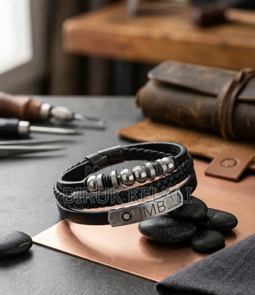 Multi-Strand Men's Black Leather and Silver-Tone Stainless Steel