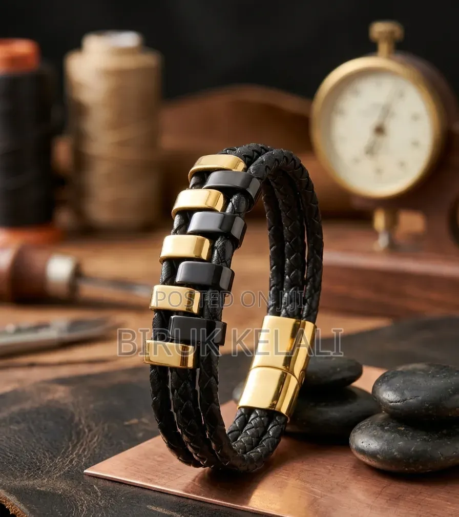 Multi-Strand Men's Black Leather and Silver-Tone Stainless Steel