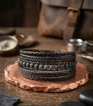 Multilayer Black Braided Leather and Volcanic Lava Stone Bead Bracelet