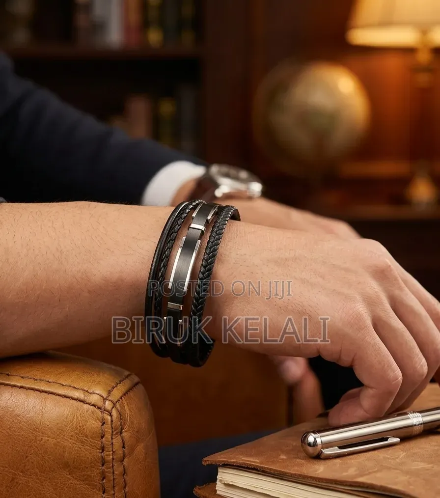 Multilayer Black Braided Leather and Volcanic Lava Stone Bead Bracelet