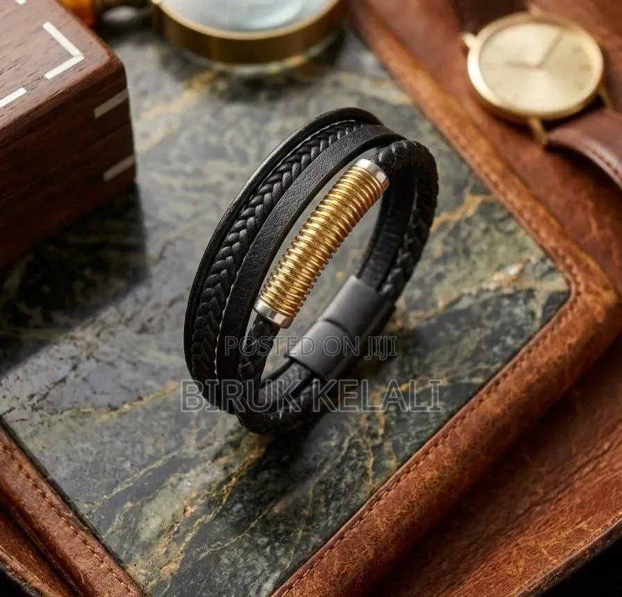Multilayer Black Braided Leather and Volcanic Lava Stone Bead Bracelet