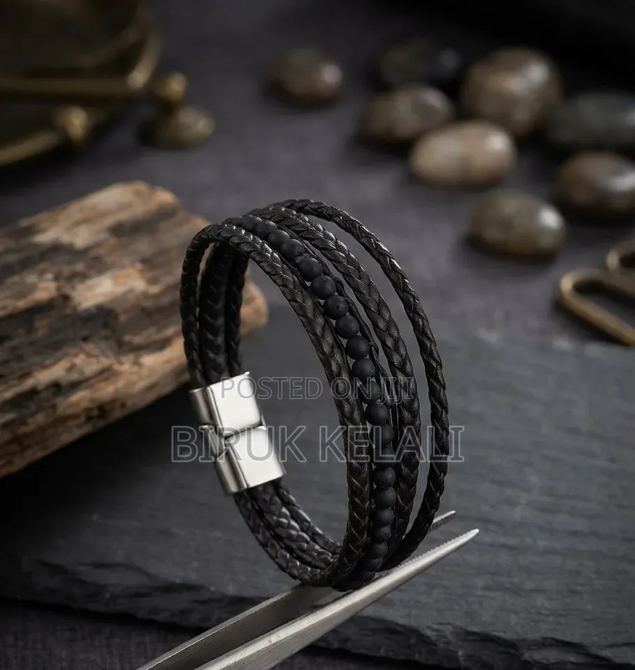 Stylish Men's Multi-Strand Braided Black Leather Bracelets