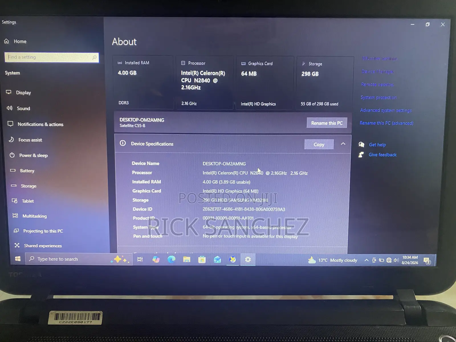 Laptop Toshiba Satellite C55 4GB Intel Celeron HDD 320GB