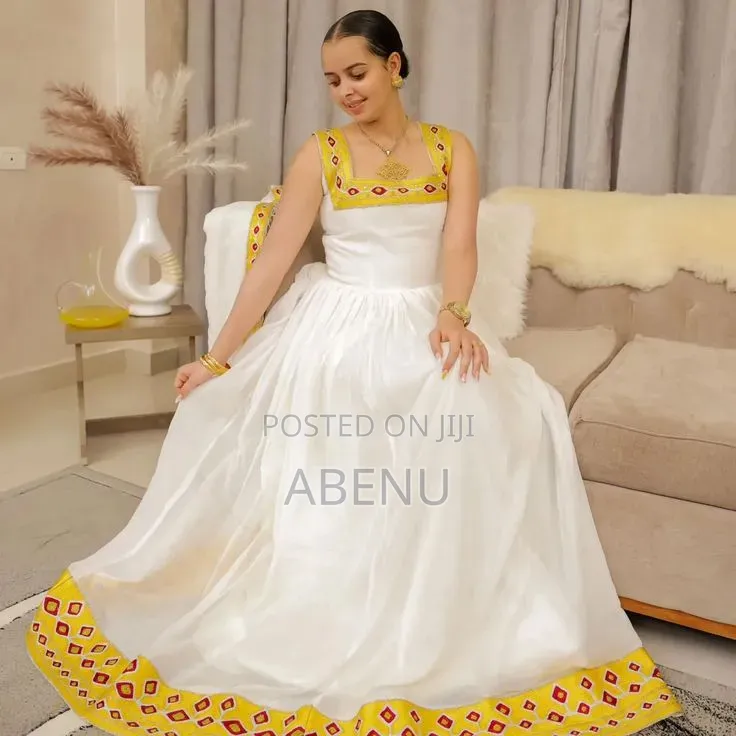Elegant White Yellow Habesha Kemis