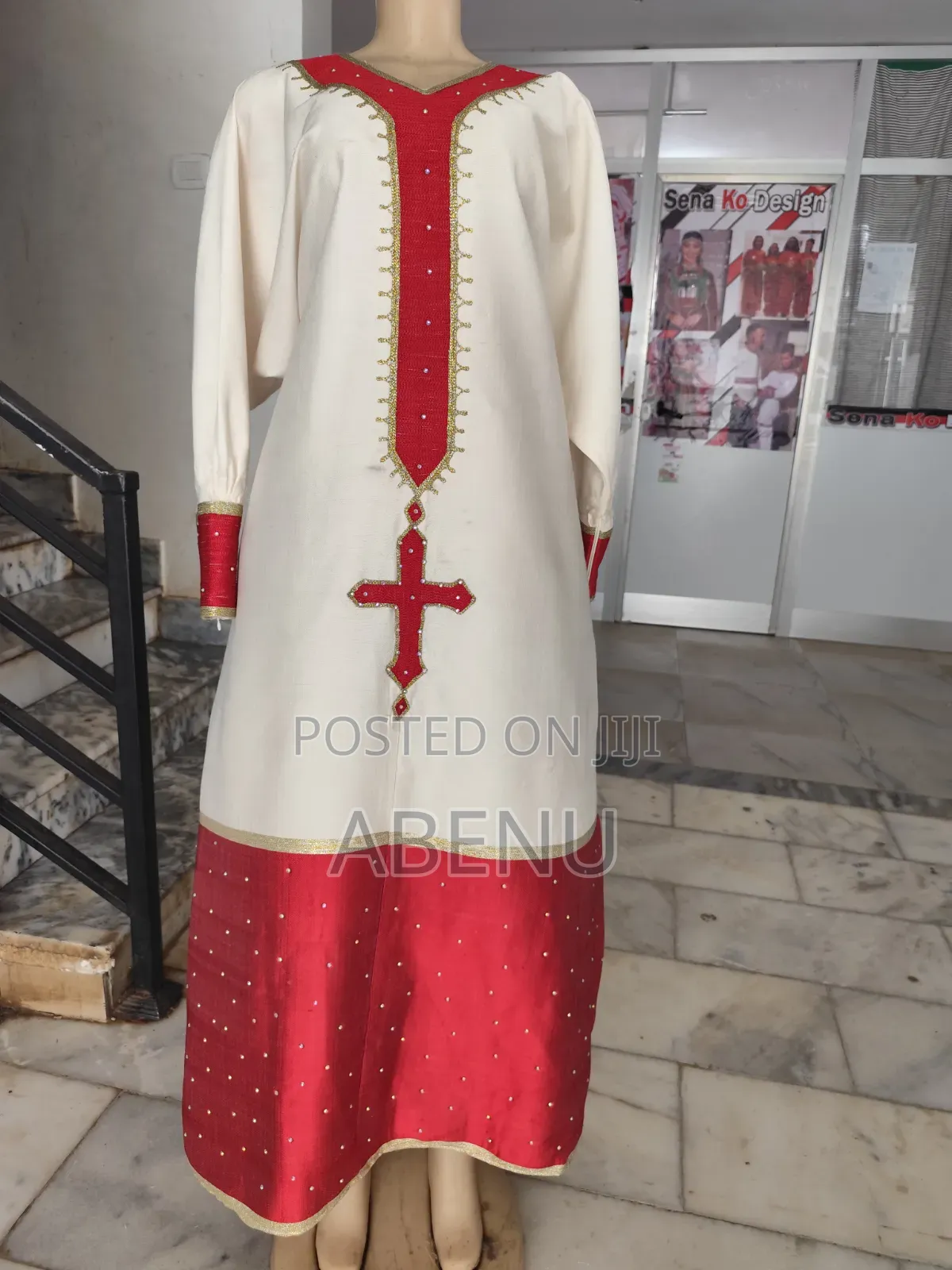 Elegant Ethiopian Habesha Kemis – Red Cream Traditional Dress
