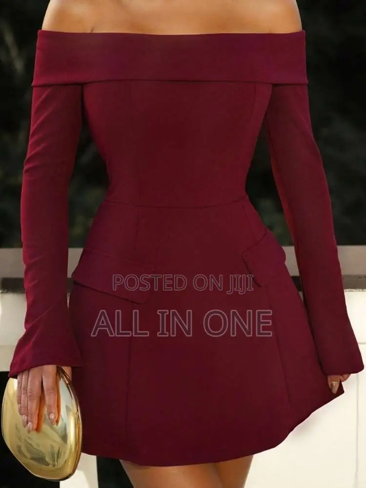 SHEIN BAE Burgundy Off-the-Shoulder Long Sleeve a-Line Mini Dress