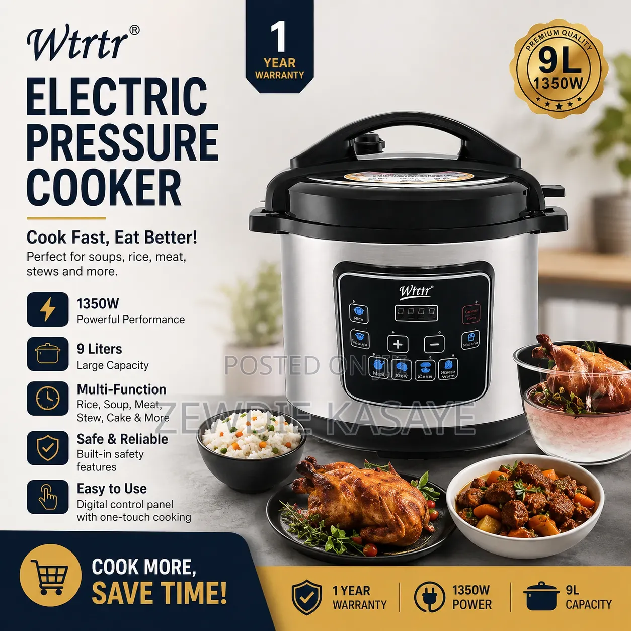 WTRTR 9 Liter Stainless Steel Electric Pressure Cooker