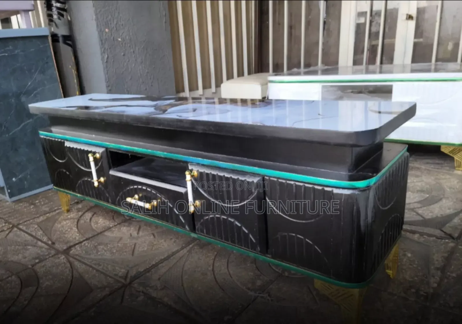 Modern Black TV Stand / Entertainment Center With Marble Top