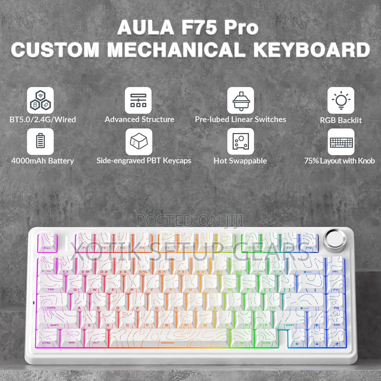 Aula F75 Pro White Topographic Mechanical Keyboard - Gaming Keyboard